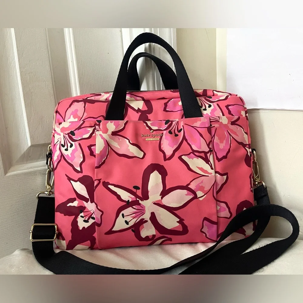 kate spade Pink Floral Laptop Bag with Storybook Lining EUC